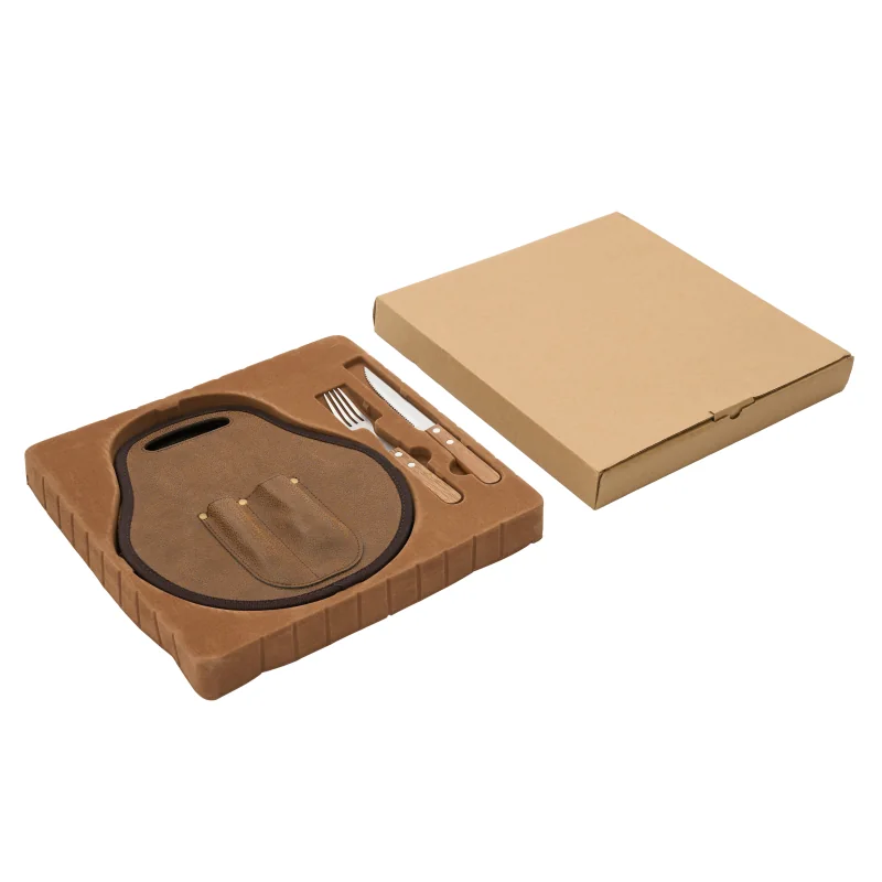 Set de Asado Estribo - Acacia y Cuero Pampa Spirit con logo corporativo personalizado - Regalos Día del Trabajador 2026 - Venta 