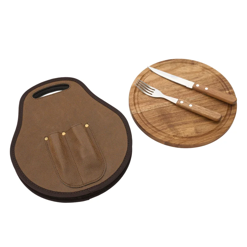 Set de Asado Estribo - Acacia y Cuero Pampa Spirit con logo corporativo personalizado - Regalos Día del Trabajador 2026 - Venta 