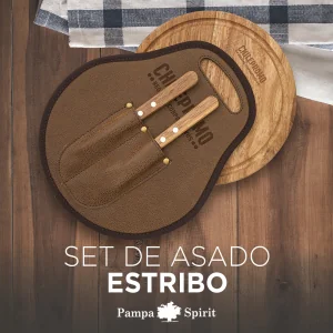 Set de Asado Estribo - Acacia y Cuero Pampa Spirit con logo corporativo personalizado - Regalos Día del Trabajador 2026 - Venta 