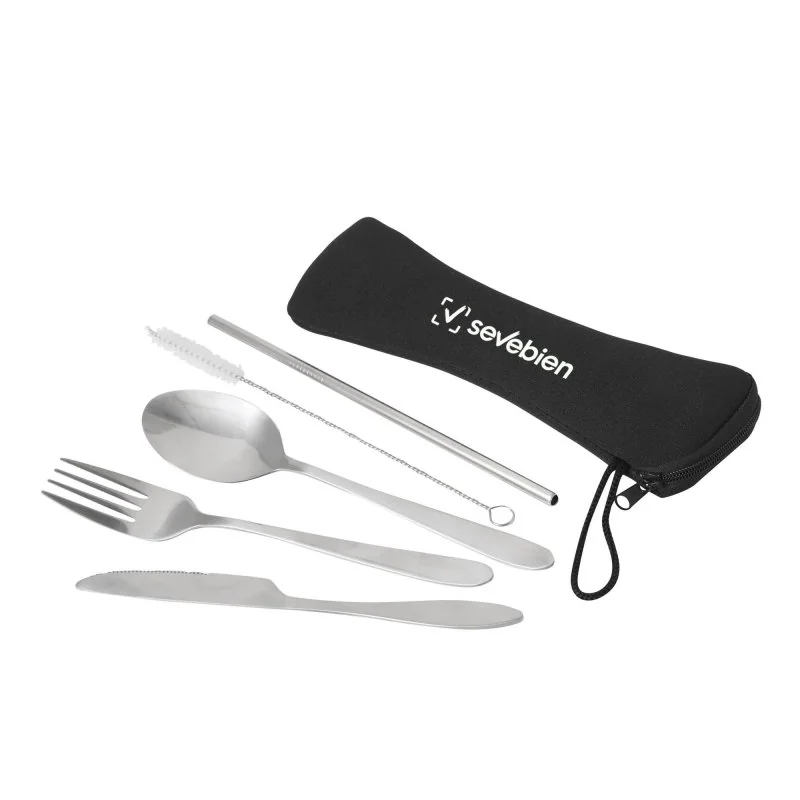 Set de Cubiertos Reutilizables Plat de Acero Inoxidable en Estuche EVA, Color Negro, vista 4 de 7