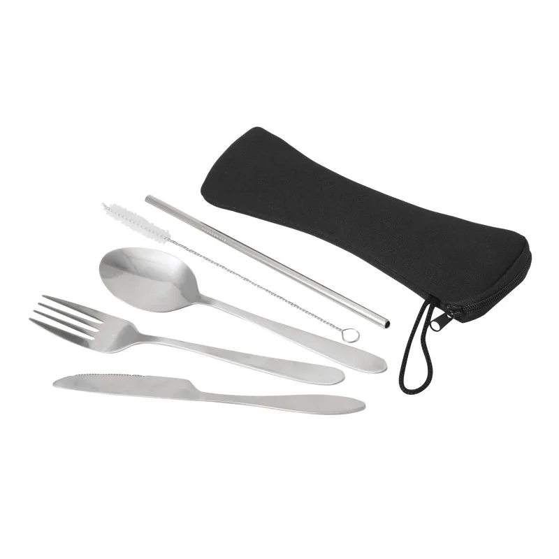 Set de Cubiertos Reutilizables Plat de Acero Inoxidable en Estuche EVA, Color Negro, vista 5 de 7