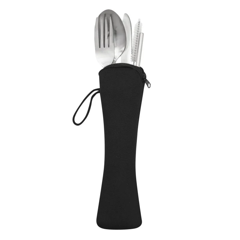 Set de Cubiertos Reutilizables Plat de Acero Inoxidable en Estuche EVA, Color Negro