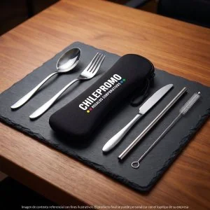 Set de Cubiertos Reutilizables Plat de Acero Inoxidable en Estuche EVA, Color Negro, vista 2 de 7